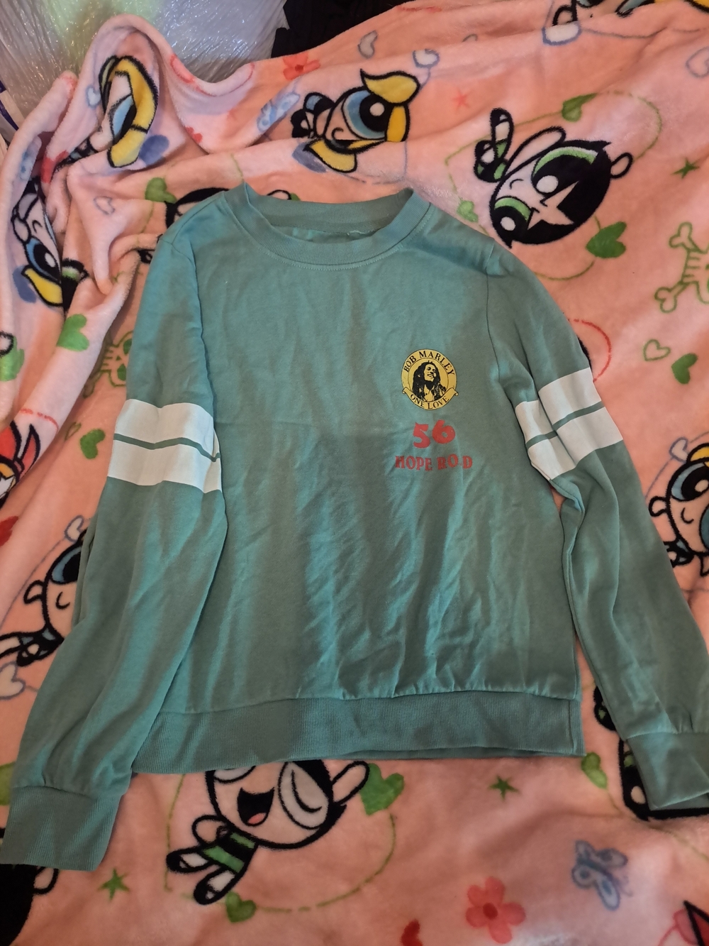 Bob Marley Mint Green Graphic Pullover with White Sleeve Stripes